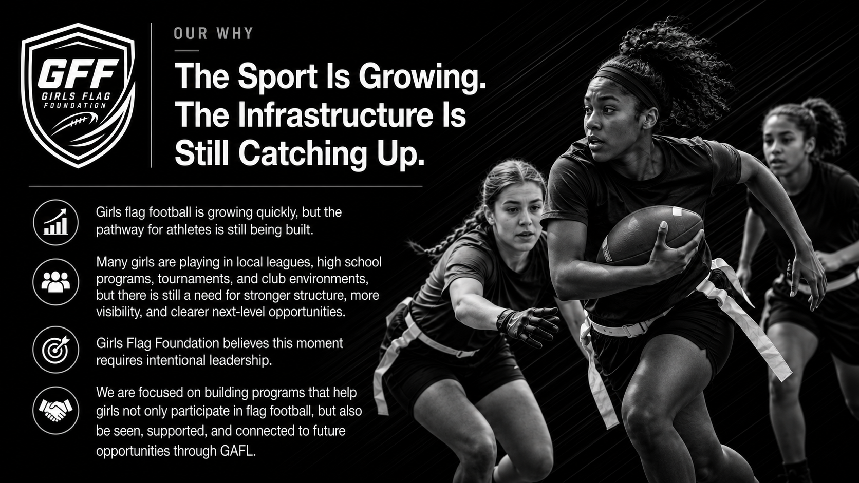 Black and white promotional image of girls playing flag football, with a focus on the girl holding a football carrying it and running, accompanied by informational text about Girls Flag Foundation and the growth of girls flag football.