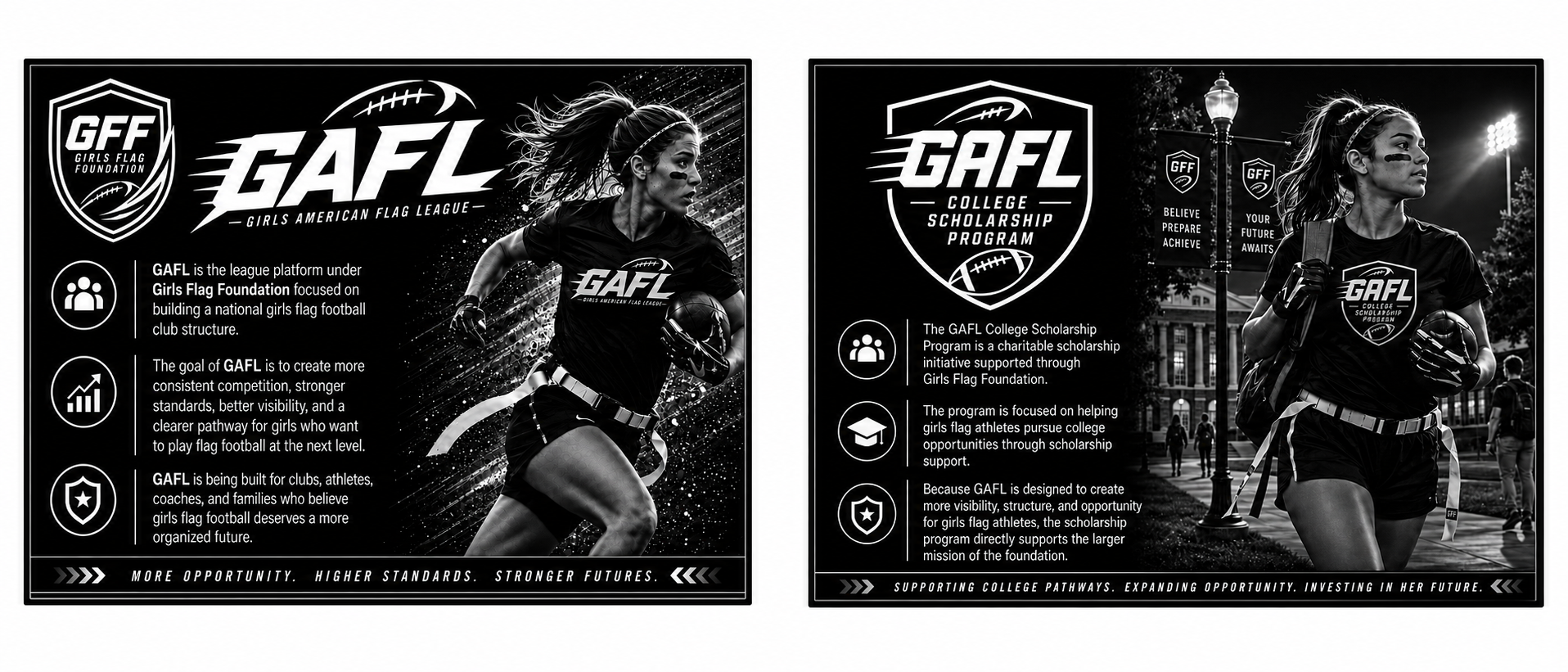 Black and white flyer promoting Girls Flag Football League and scholarship program, featuring a female football player running in a stadium, holding a football, with informational text about the programs.