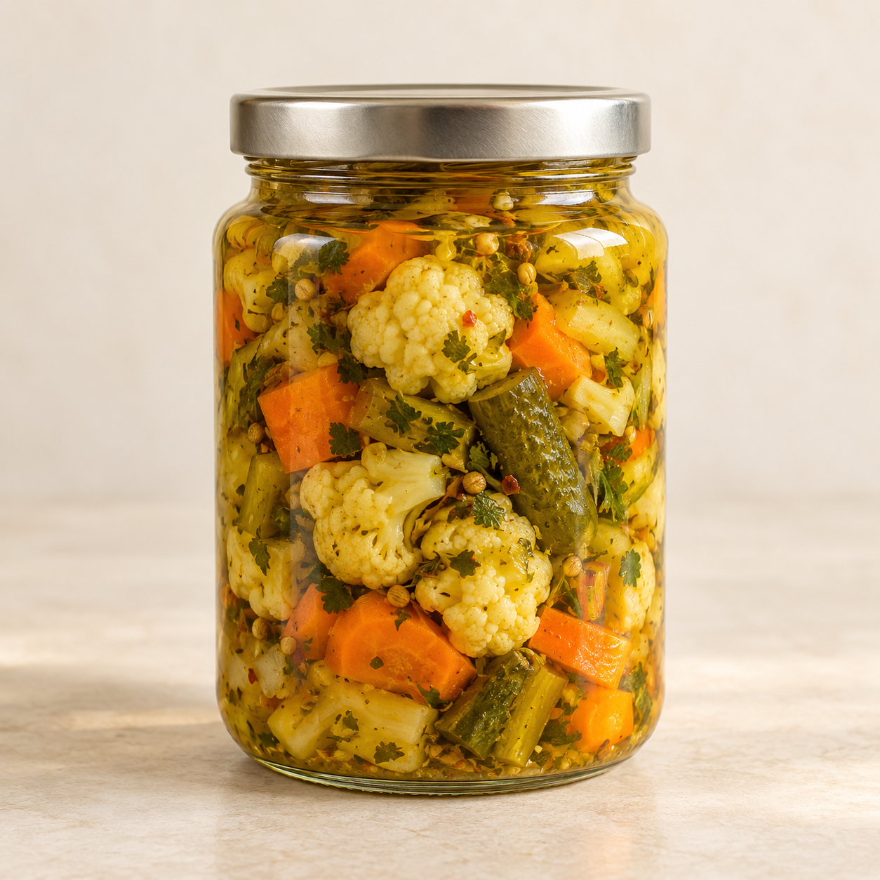 Illustrative jar of Persian torshi mixed vegetable pickles