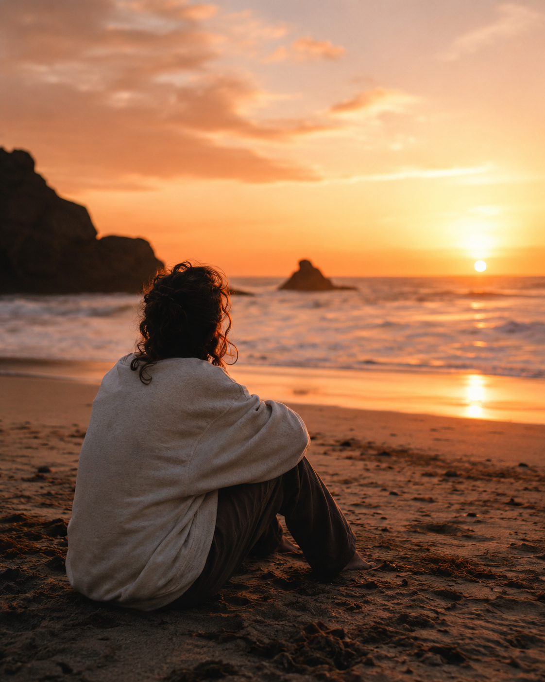A person sitting on the beach watching a sunset over the ocean, with clouds in the sky and rocks in the water.