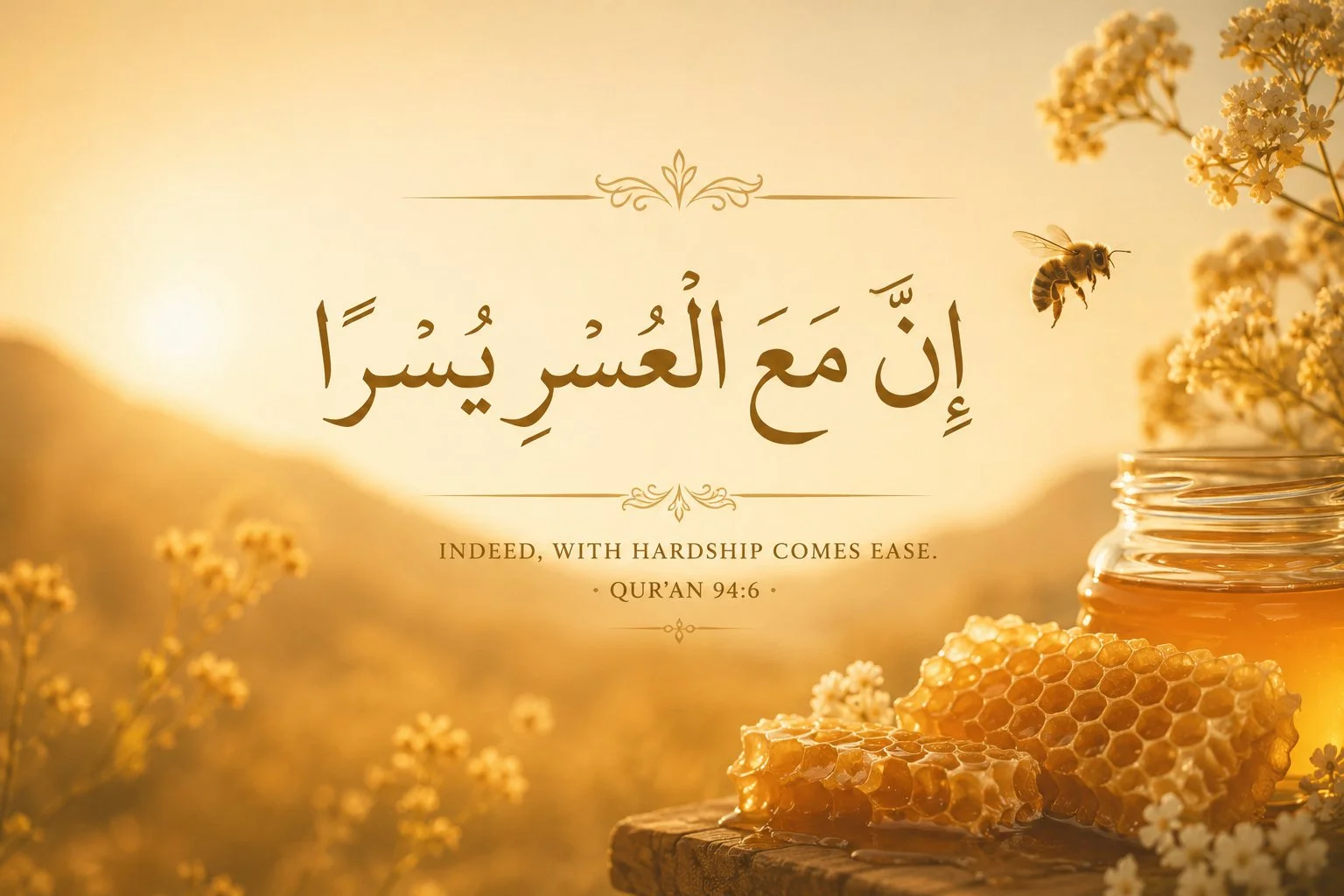 Sunset with honeycomb and a jar of honey, flowers, and a bee flying. Arabic text and English quote about ease from hardship.