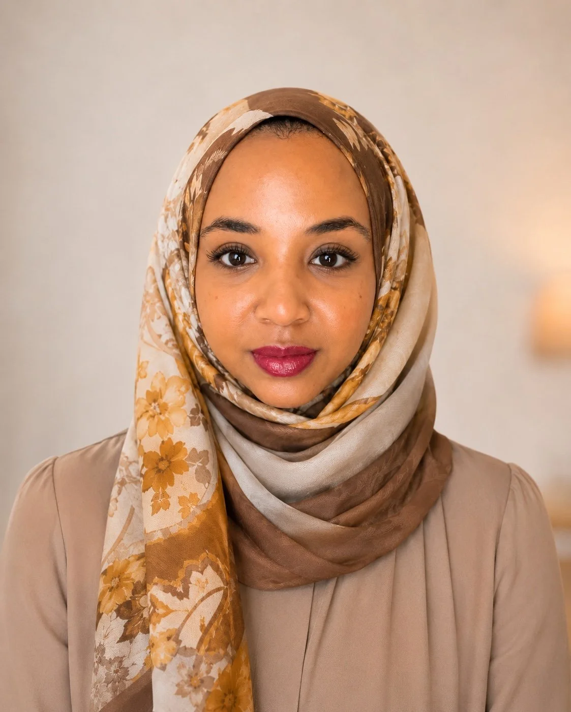 A woman wearing a floral-patterned hijab and a beige top, looking directly at the camera with a neutral background.