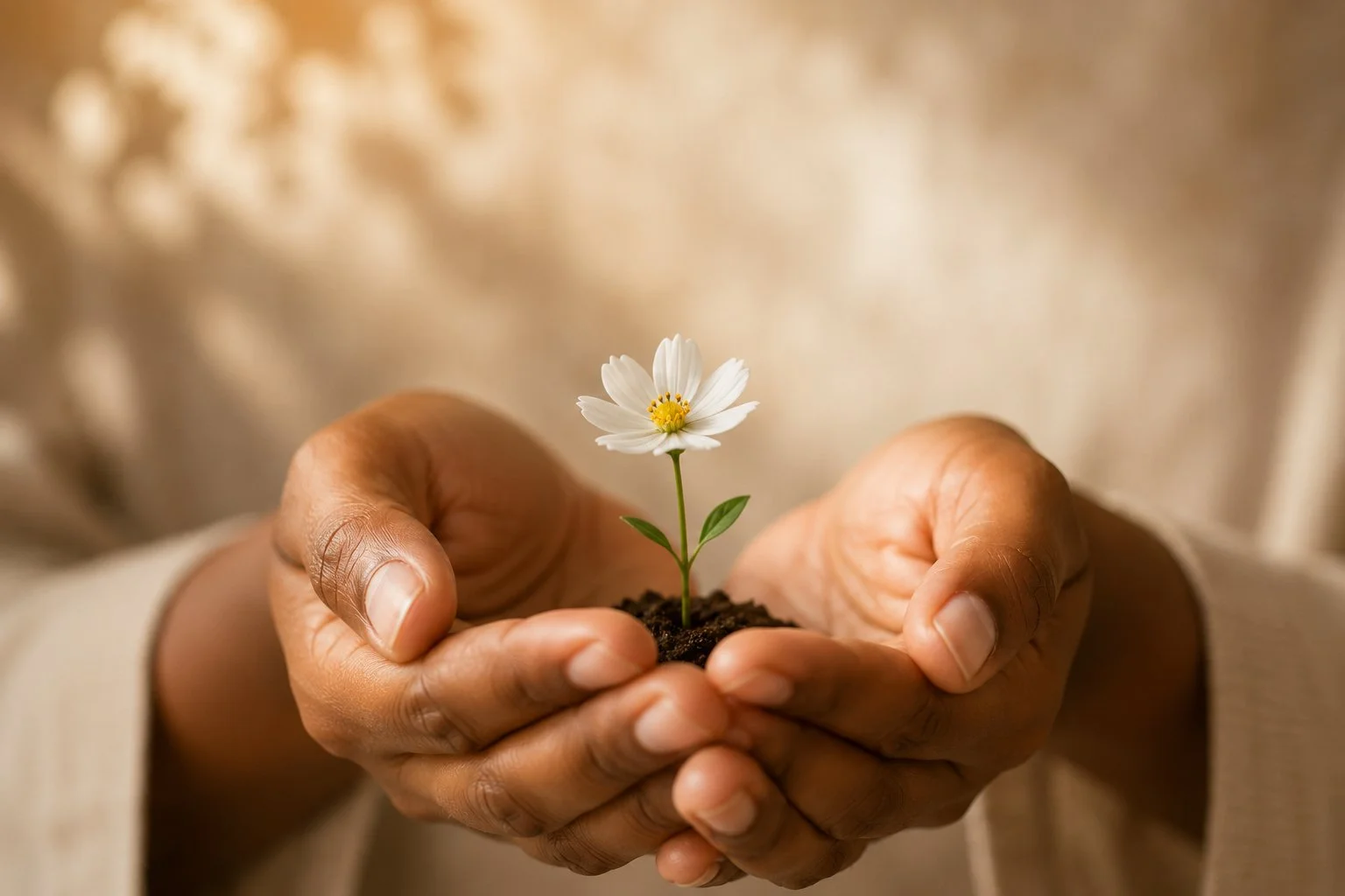 Hands holding a small white flower growing in soil.