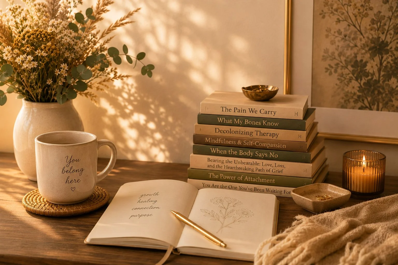 A cozy wooden table with a vase of flowers, a mug with the words 'You belong here', an open journal with a gold pen, a stack of books about mental health and therapy, a small bowl with a ring, a lit candle, and a framed artwork with botanical designs.