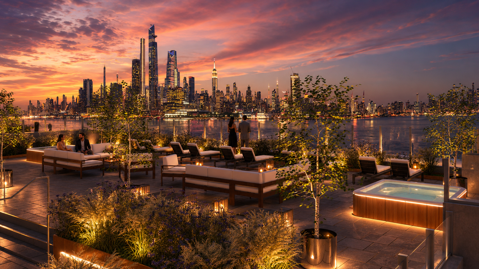 A rooftop terrace overlooking a city skyline at sunset, with people relaxing on sofas, standing, and enjoying the view; surrounded by plants, trees, and warm lighting.