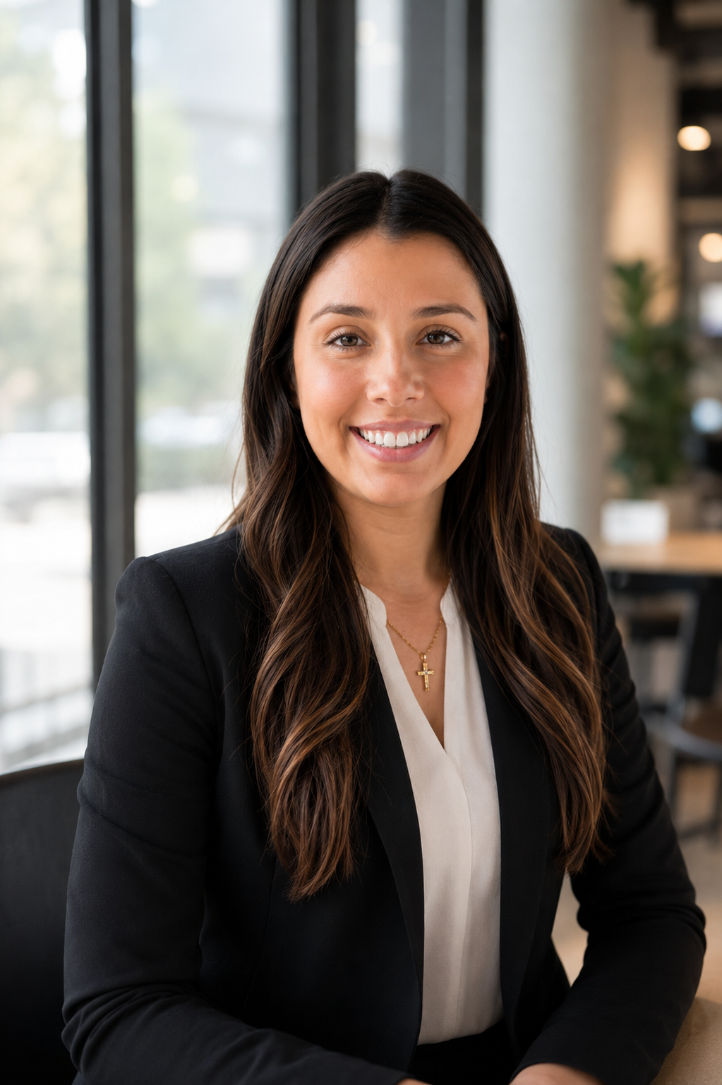 A young woman with long brown hair smiling, wearing a black blazer and a white blouse, sitting in a modern office with large windows and blurred interior background.