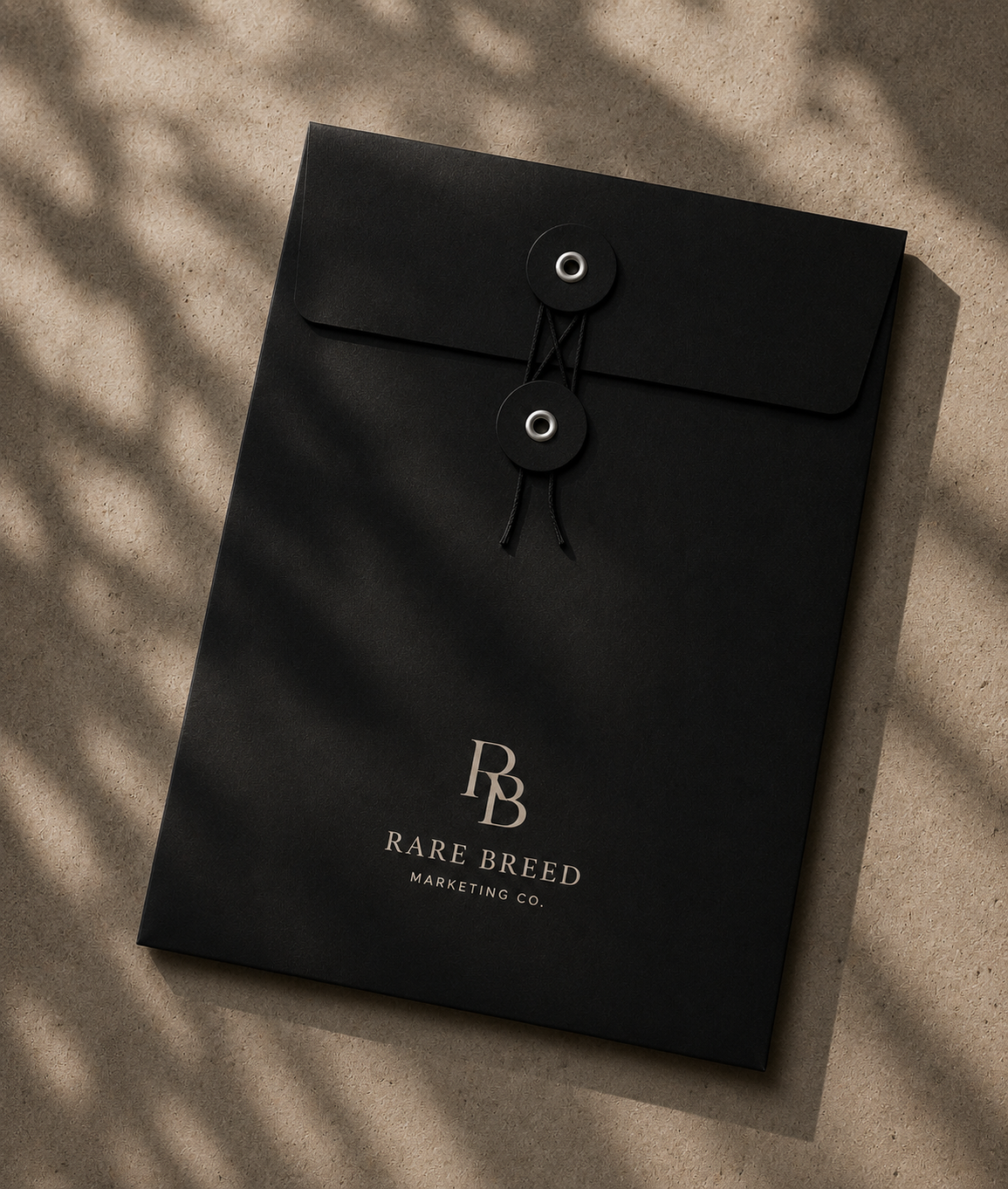 Black folder with string closure and the logo 'Rare Breed Marketing Co.' on the front, placed on a textured surface with shadow patterns.