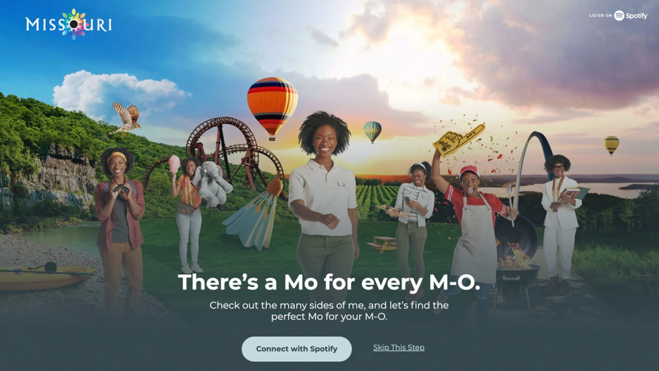 A promotional graphic promoting Missouri with diverse women engaging in outdoor activities such as drone flying, golf, camping, and enjoying a hot air balloon ride, set against a scenic landscape with mountains, lake, and colorful sky.