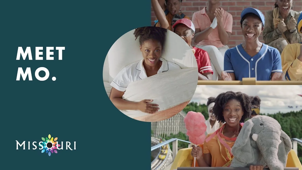 A promotional graphic with the text 'Meet Mo' and images of smiling diverse African American women, including one in a hospital gown, one on a roller coaster holding cotton candy and an elephant stuffed animal, and a group clapping at an event, repre