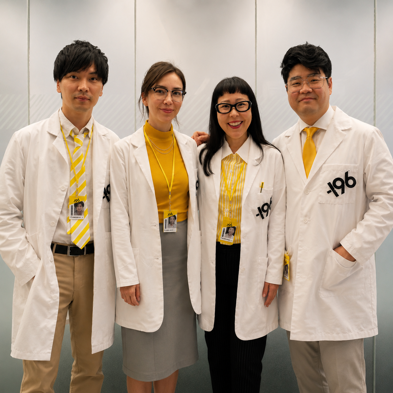 Group of four professionals in white lab coats and ID badges standing together in an office setting