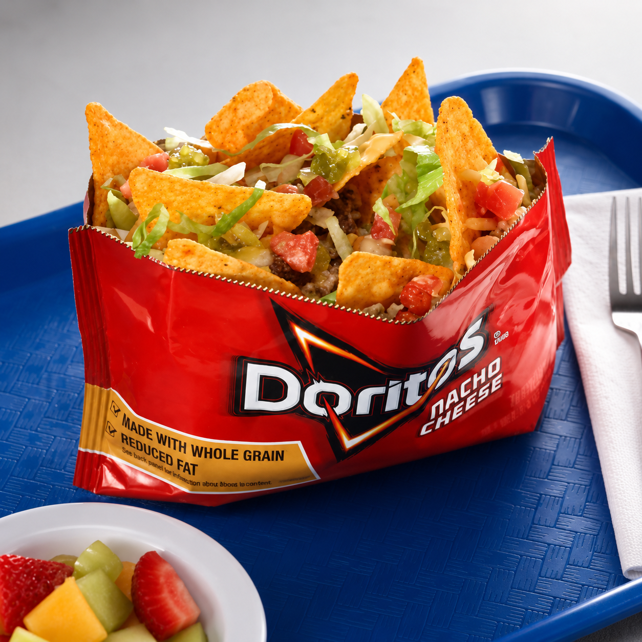A bag of Doritos Nacho Cheese flavored tortilla chips filled with shredded lettuce, diced tomatoes, and ground beef, placed on a blue tray with a fork and a napkin.