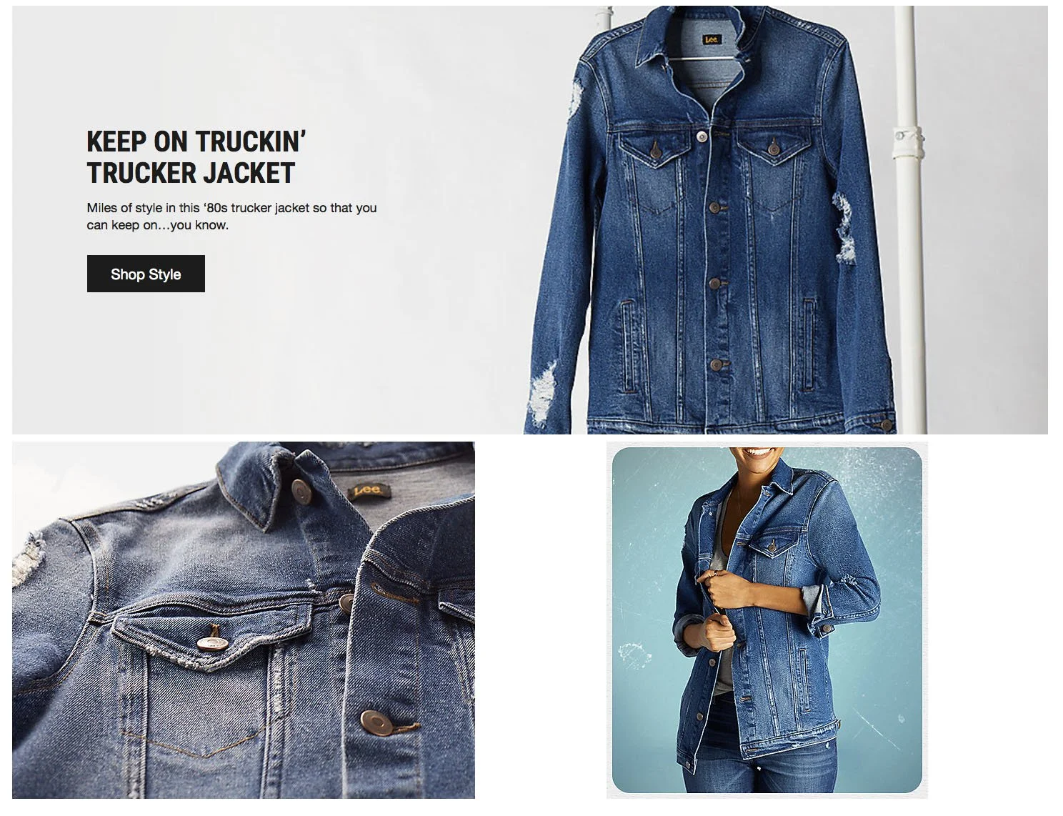 Collection of denim jackets, including a distressed sleeveless jacket on a hanger, a close-up of a classic distressed jacket, and a woman wearing a denim jacket.