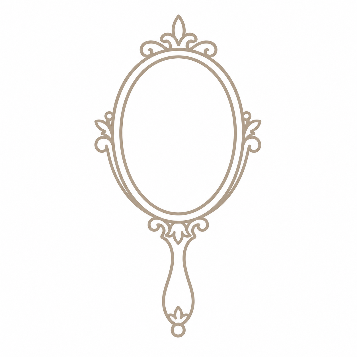 An ornate vintage hand mirror with a decorative frame and handle, outlined in a light brown color against a plain white background.