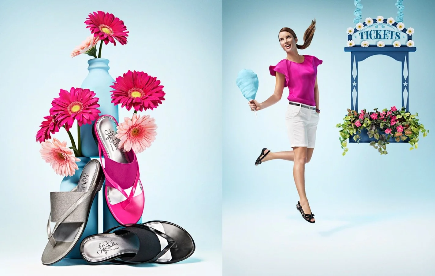 Arrangement of colorful shoes in front of a blue vase filled with pink and peach flowers on a light blue background, with a smiling woman in pink top and white shorts holding a blue cotton candy, jumping near a blue ticket booth decorated with flower
