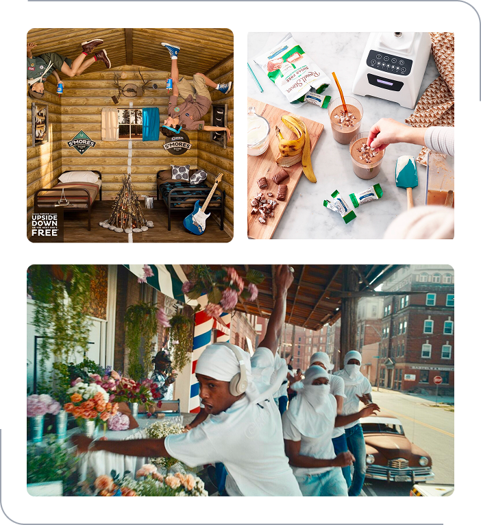 Top left: Two children lying upside down on bed in a log cabin with guitars and signs reading "Upside Down" and "Free". Top right: A workspace with smoothies, bananas, chocolate, and a blender. Bottom: A street scene with a young man in white headphones and white headwrap dancing in front of a flower shop, with other people behind him and a vintage car parked nearby.