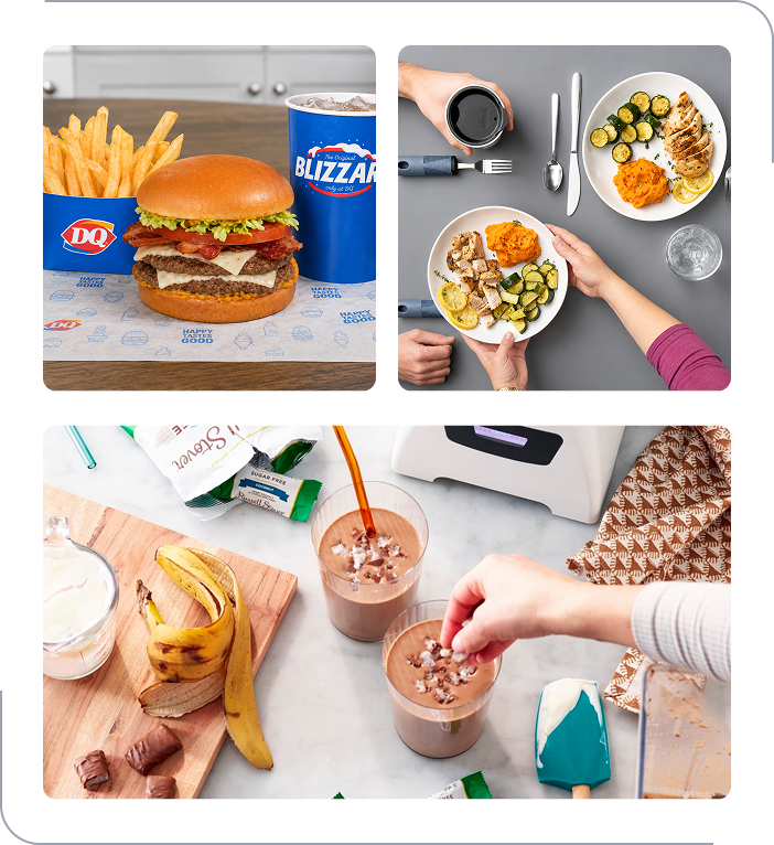 A burger with fries and a blue soda cup at Dairy Queen, a meal with chicken, sliced zucchini, mashed sweet potato, and a drink on a table, and two glasses of chocolate milkshake with bananas and chocolate pieces on a kitchen counter.