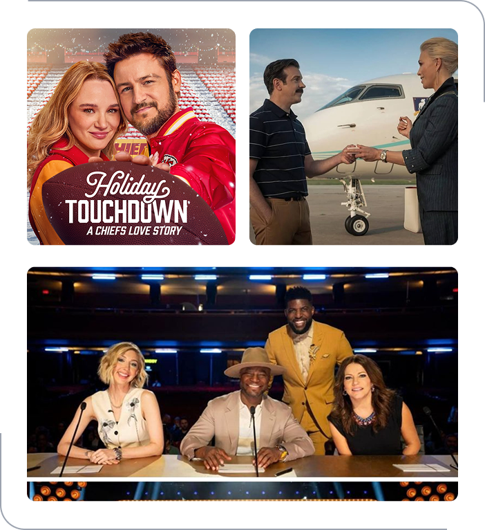 The image is divided into three sections. The top left shows a man and woman dressed in football jerseys, at a stadium, with a logo that reads 'Holiday Touchdown: A Chiefs Love Story.' The top right features a man and woman exchanging a handshake on an airport tarmac, with a private jet in the background. The bottom section shows four people seated at a panel, smiling, in a theater or conference setting.