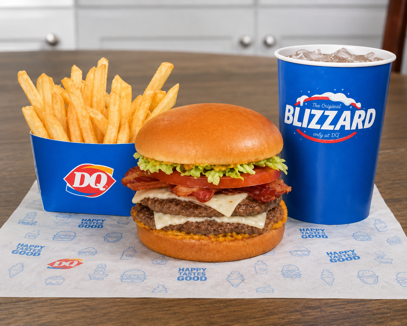 A Dairy Queen meal on a wooden table including a burger with lettuce, tomato, bacon, cheese, and beef patties in a bun, along with a side of crinkle-cut fries and a large blue cup of iced soda.