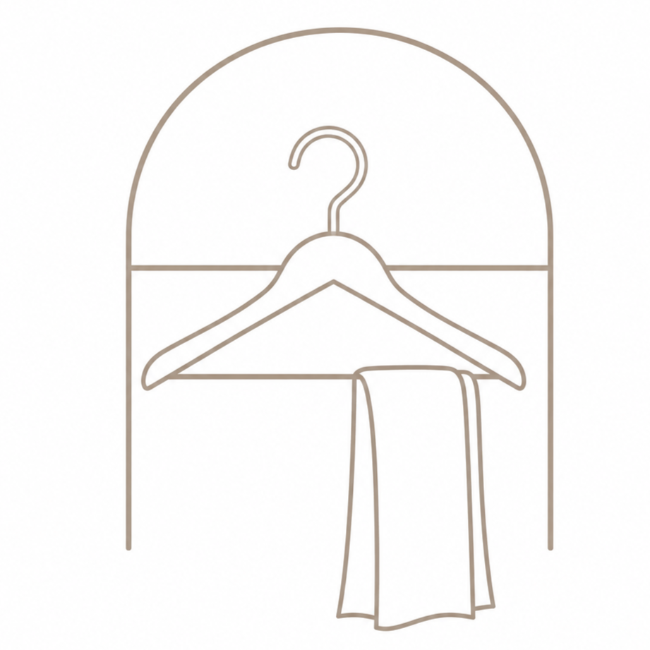 Line drawing of a wardrobe with a hanger and a towel hanging from it.