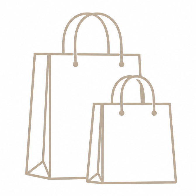 Two minimalist line drawings of shopping bags, one larger and one smaller, with handles.
