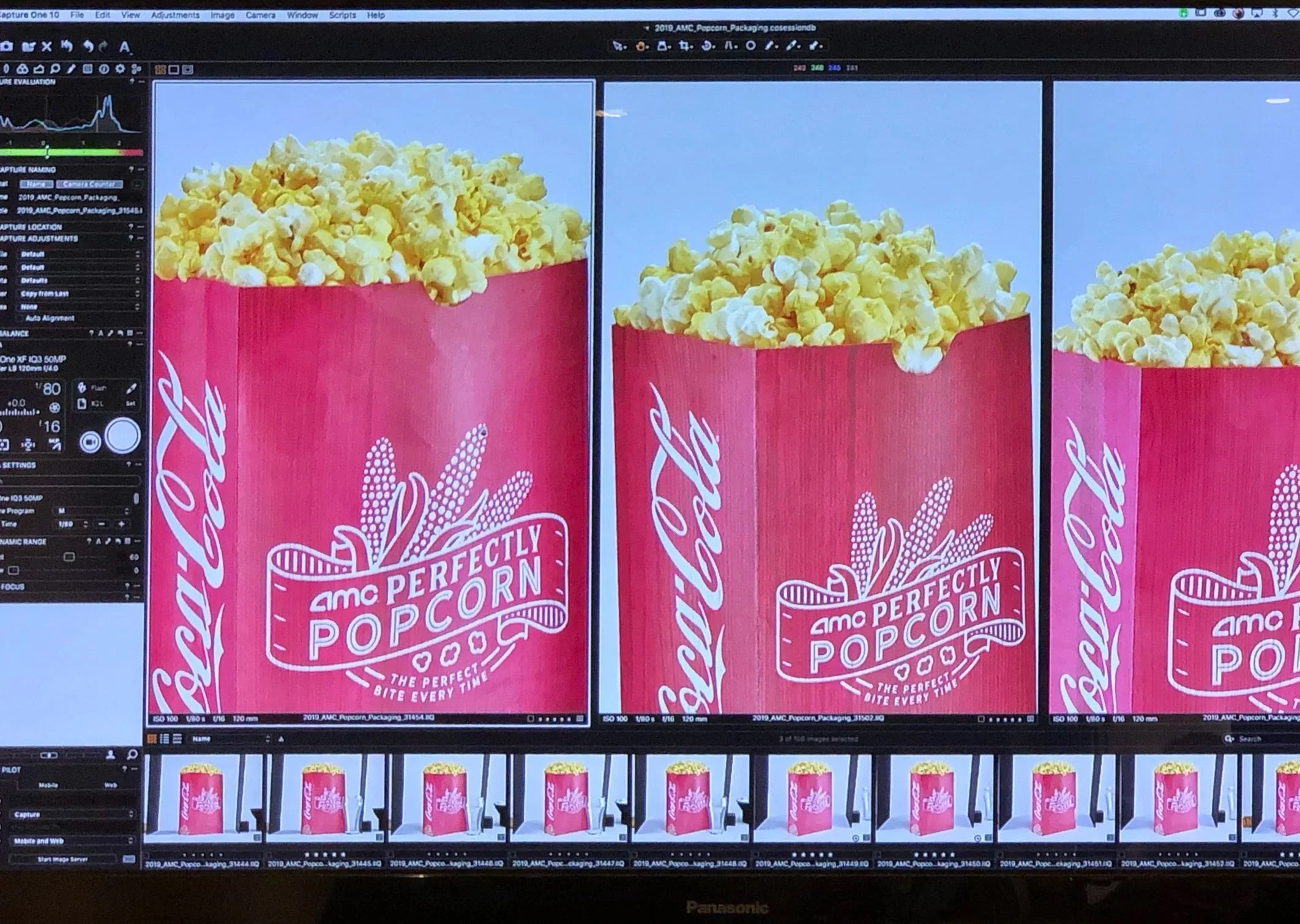 Computer screen displaying a photo editing software with multiple images of popcorn boxes labeled "AMc PERfECTLy POPcorn" in progress. The popcorn boxes are pink with white text and graphics.