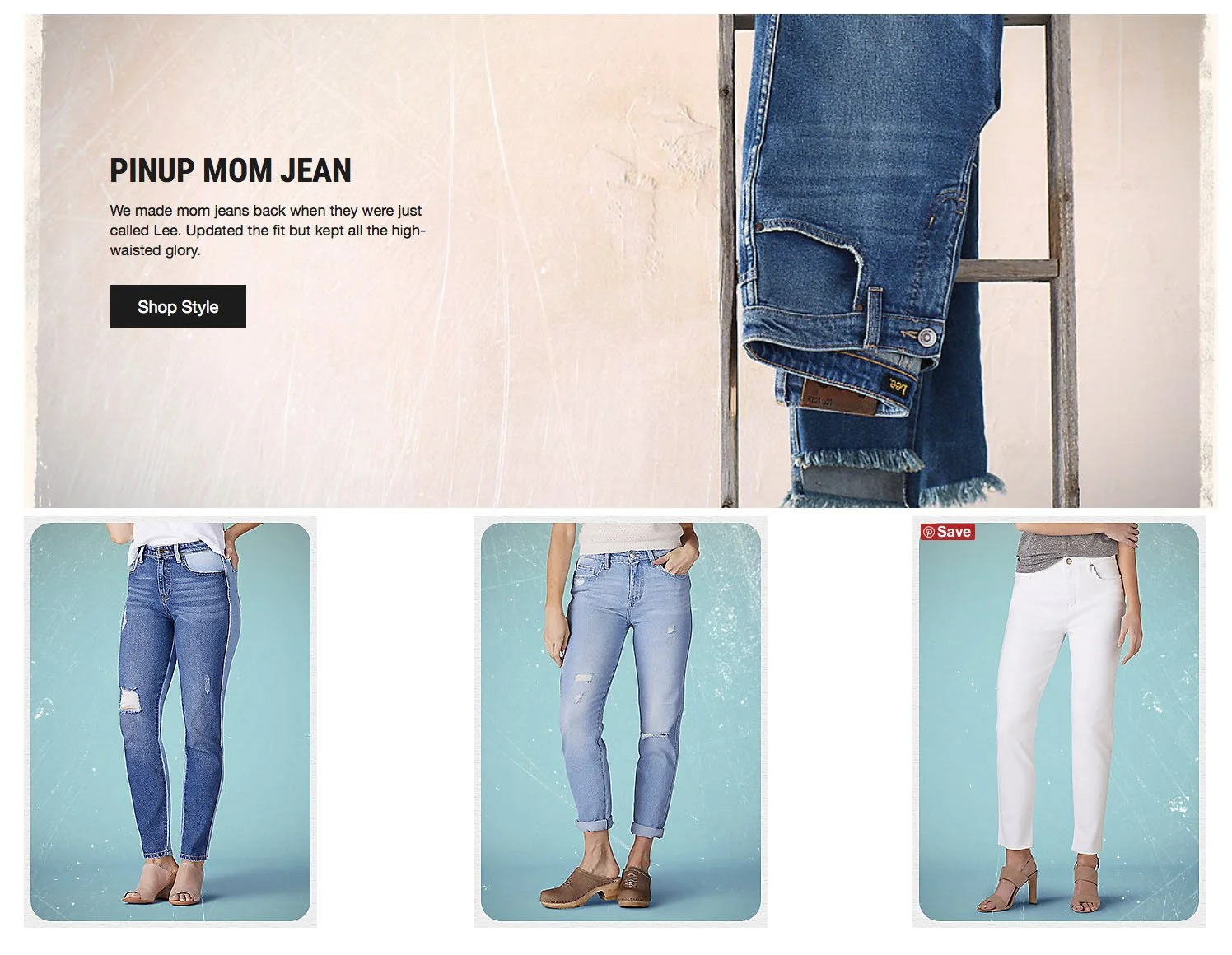 An online clothing store webpage featuring women's jeans, including a section promoting pinup mom jeans, with images of different styles of women's jeans on models, and a pair of blue denim jeans hanging on a ladder.