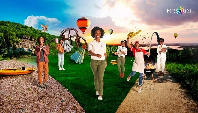 A group of people enjoy outdoor activities at a park, with one side showing a lakeside setting and the other showing a sunset over open fields, including hot air balloons, a pavilion, and various recreational objects.
