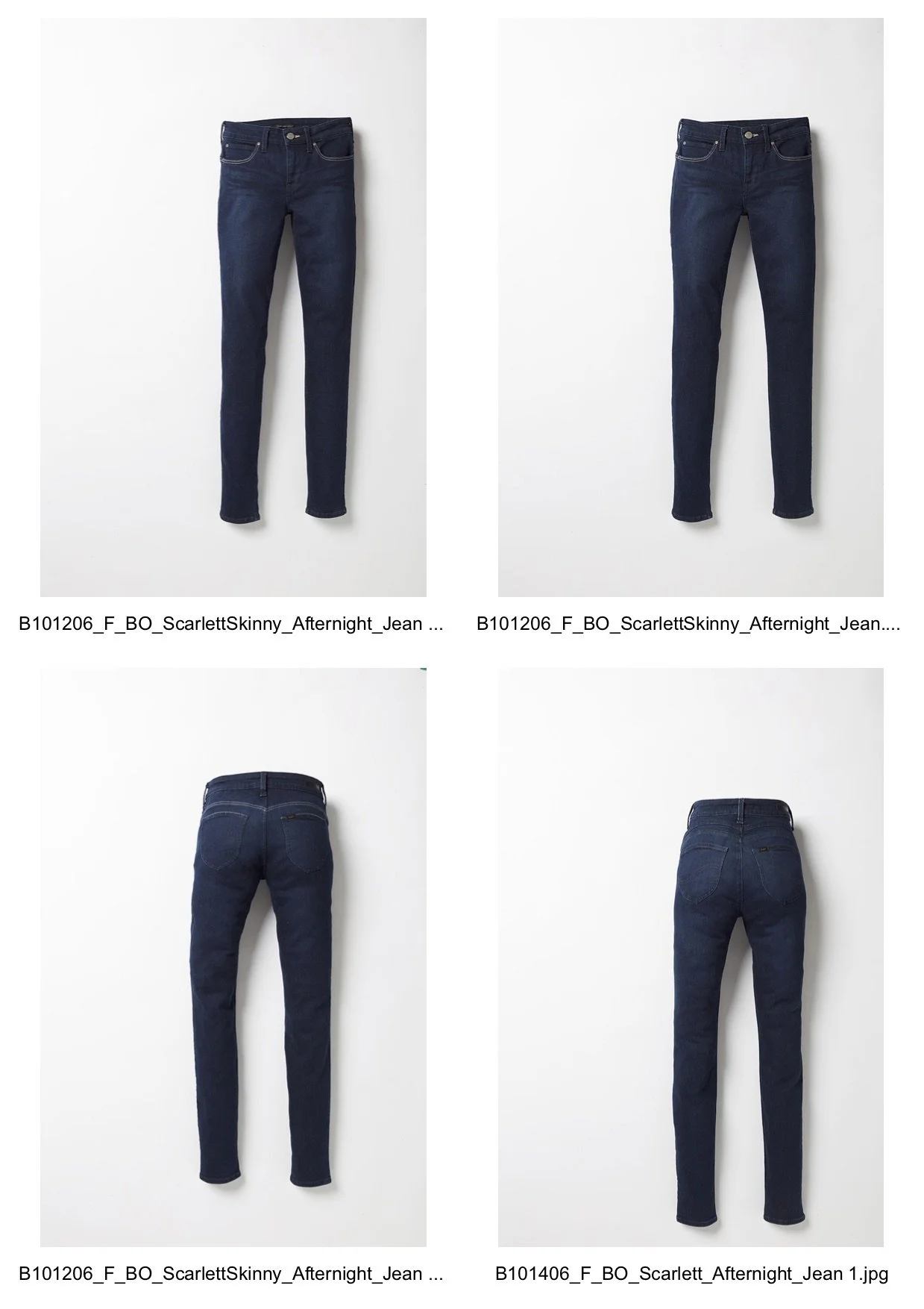 Four pairs of dark blue jeans shown on a white background, front and back views.
