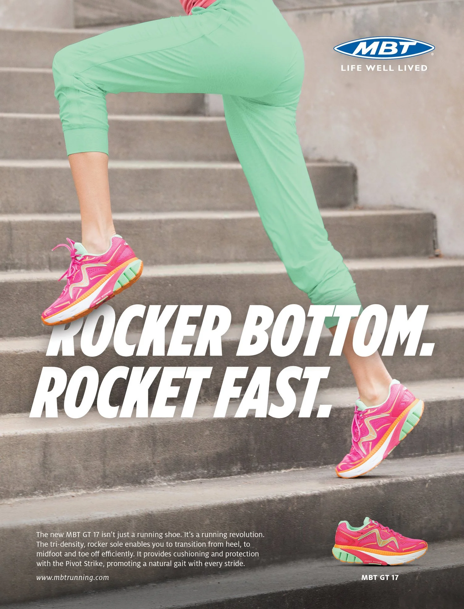 A person in pink sneakers and lime green pants doing a stretch on concrete stairs, with a second pair of pink sneakers with mint green soles on the ground. There is a logo in the upper right corner that says MBT with a tagline 'Life Well Lived,' and 