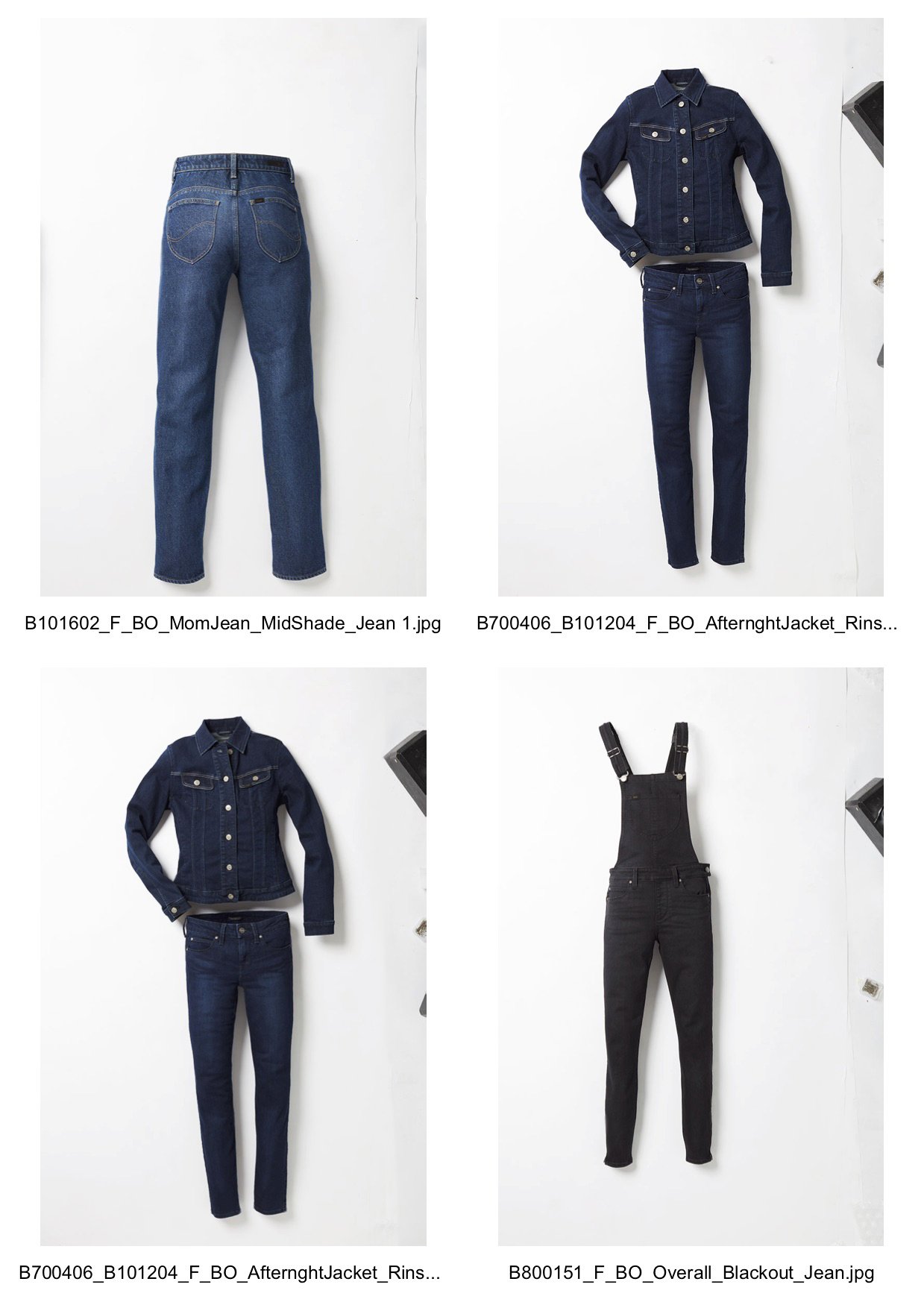Collection of four images showing various denim clothing items: a pair of medium wash jeans, a dark wash jeans jacket with matching jeans, another dark wash jeans the same jacket, and black overalls with a black denim shirt.
