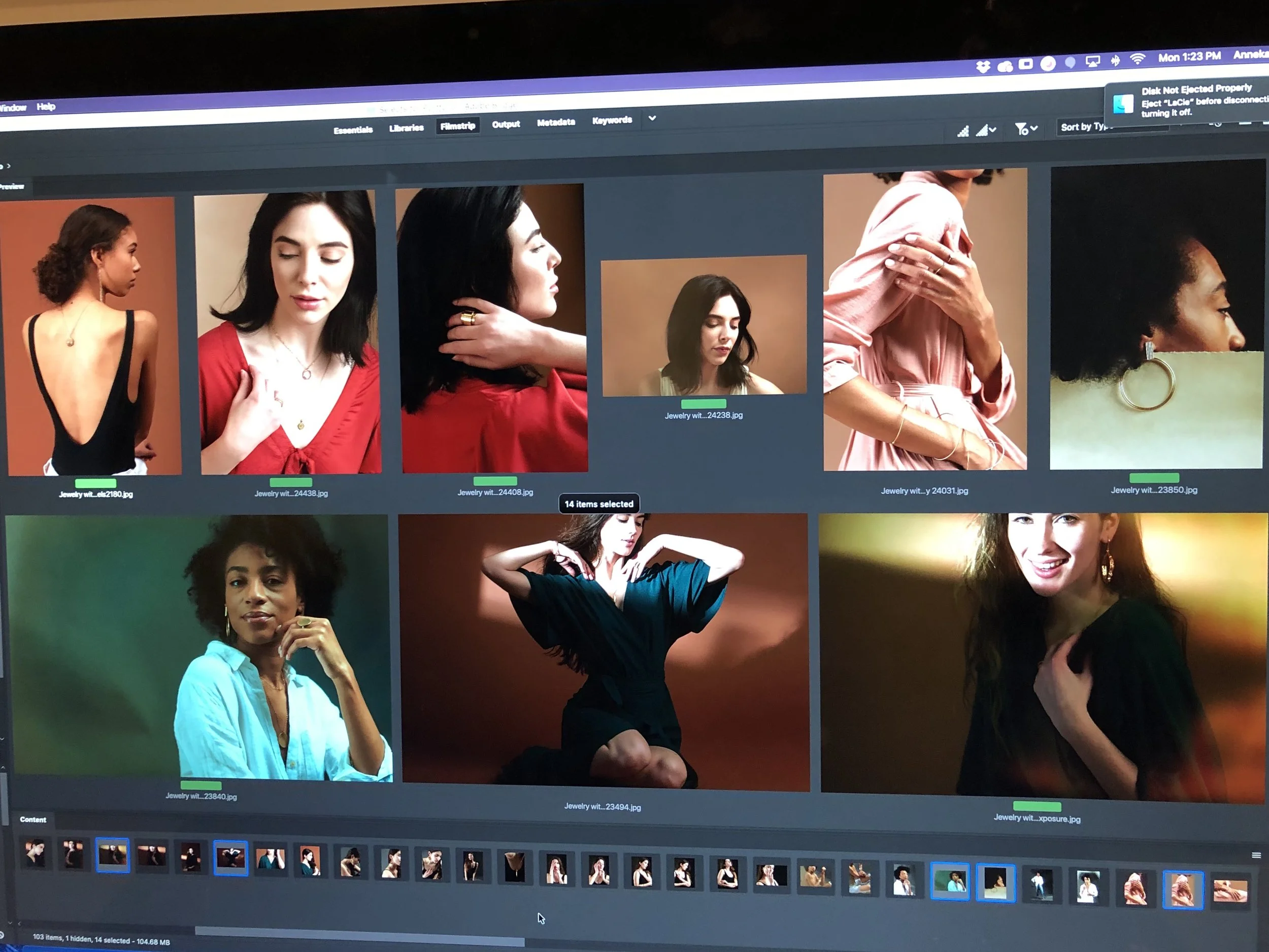 Computer screen displaying photo editing software with multiple portraits of women in various poses and outfits.