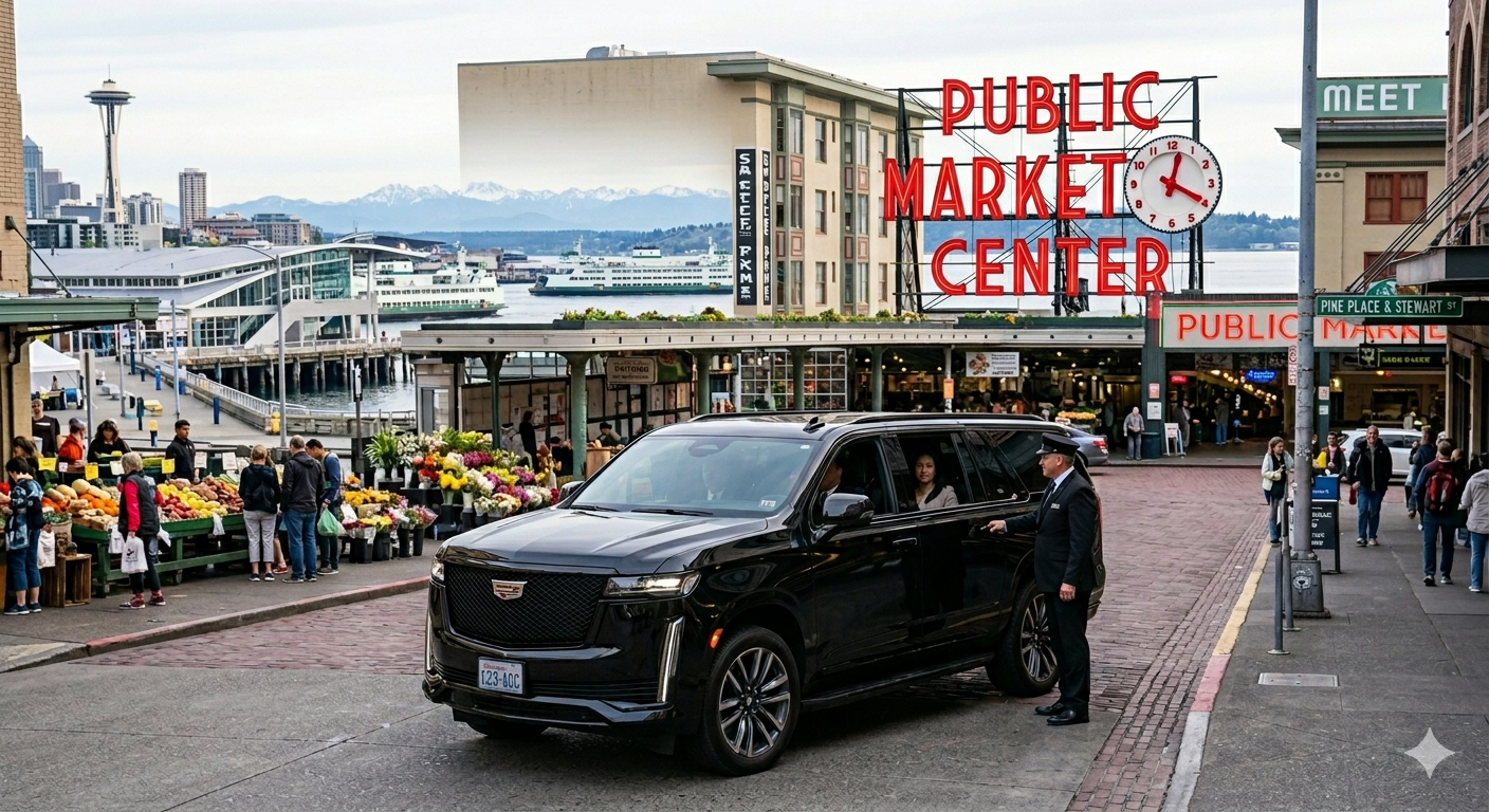 A busy outdoor market in Seattle near the waterfront with the Space Needle in the background. People are shopping at a fruit stand, and a black Cadillac vehicle is being directed by a doorman.