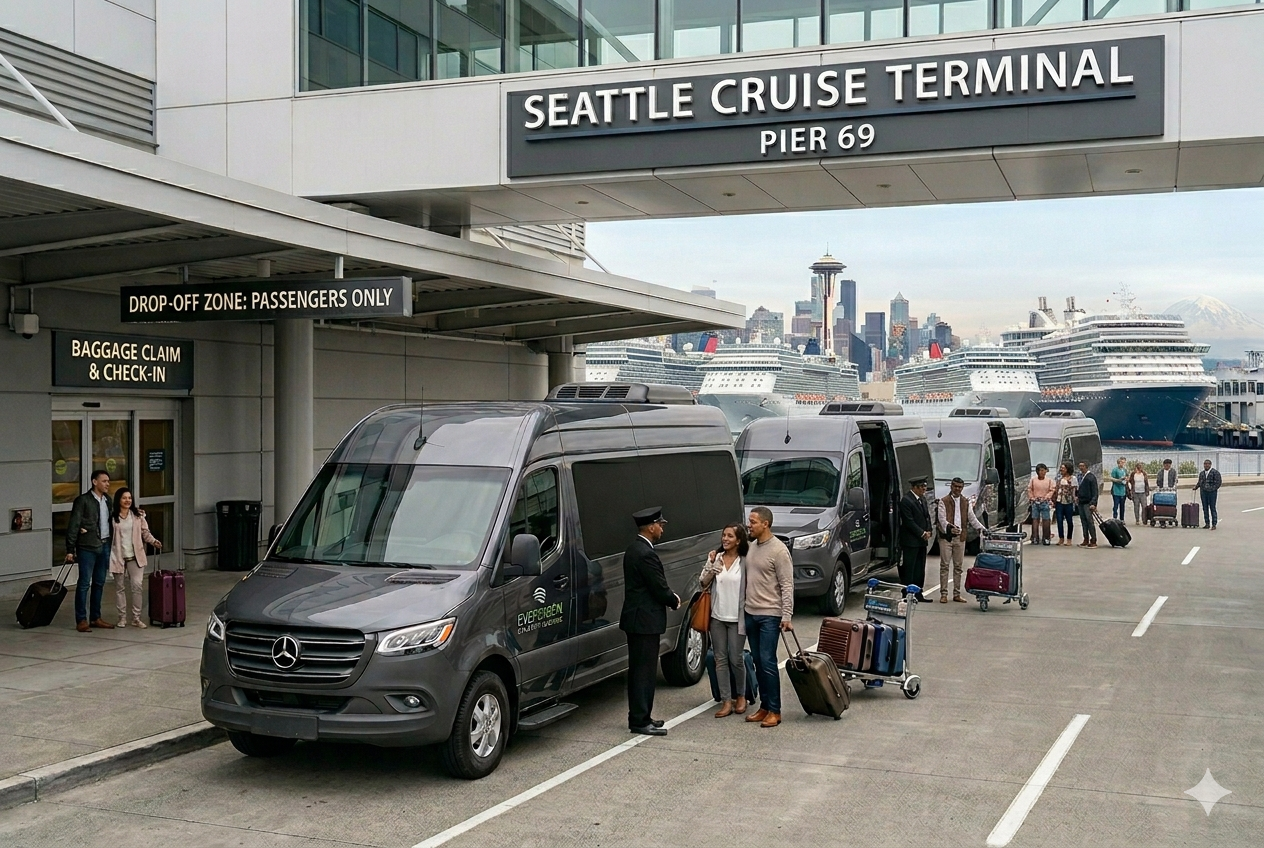 Passengers boarding a shuttle at the Seattle Cruise Terminal, Pier 69, with cruise ships and the Seattle skyline including the Space Needle in the background.