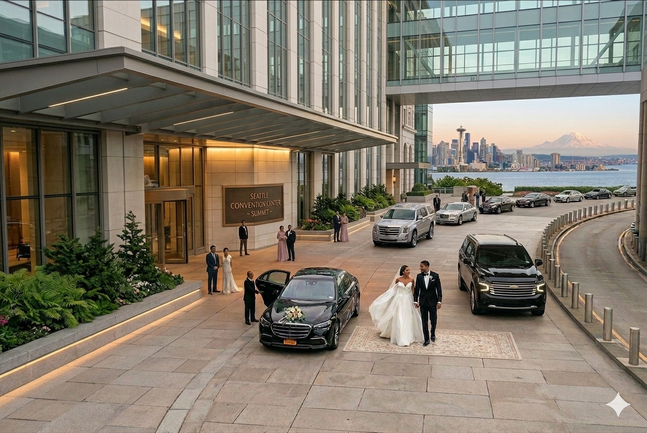 A wedding couple walking on a rug outside the Seattle Convention Center with a city skyline and the Space Needle in the background, cars parked nearby, and wedding guests standing around.