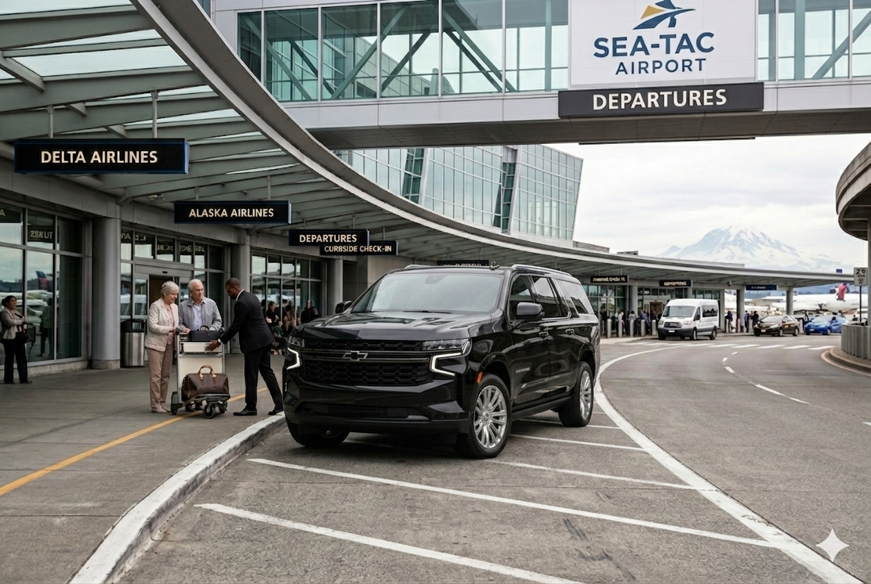 Black SUV parked at the Seattle-Tacoma Airport in front of the departures area, with people handling luggage and signs indicating airlines and check-in.