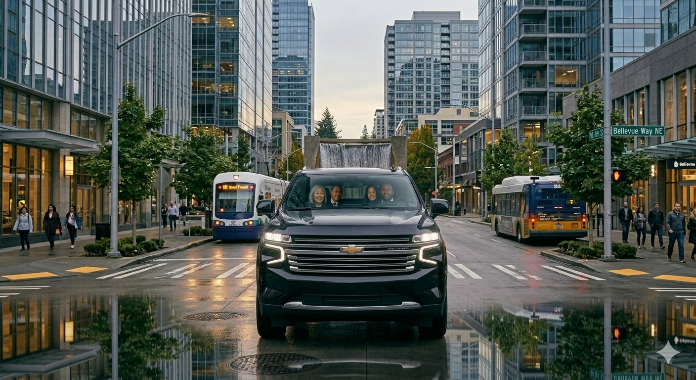City street scene with tall modern glass buildings, a black Chevrolet SUV in the foreground, two buses, and pedestrians crossing the street. A street sign reads Bellevue Way NE.