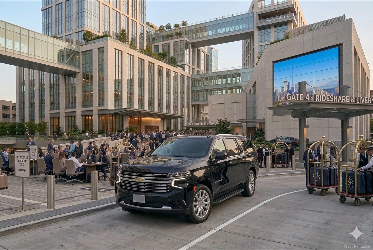 A busy modern airport terminal with people sitting and walking, luggage carts, a black SUV, and a large digital screen displaying city skyline and gate information.