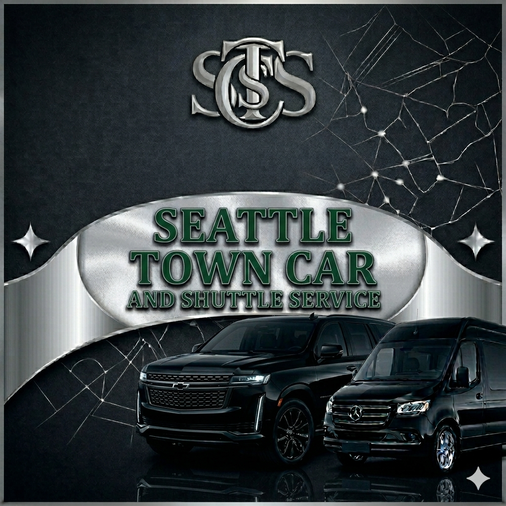 Sign for Seattle Town Car and Shuttle Service with two black vehicles, a large SUV and a van, set against a dark background with a web design pattern.