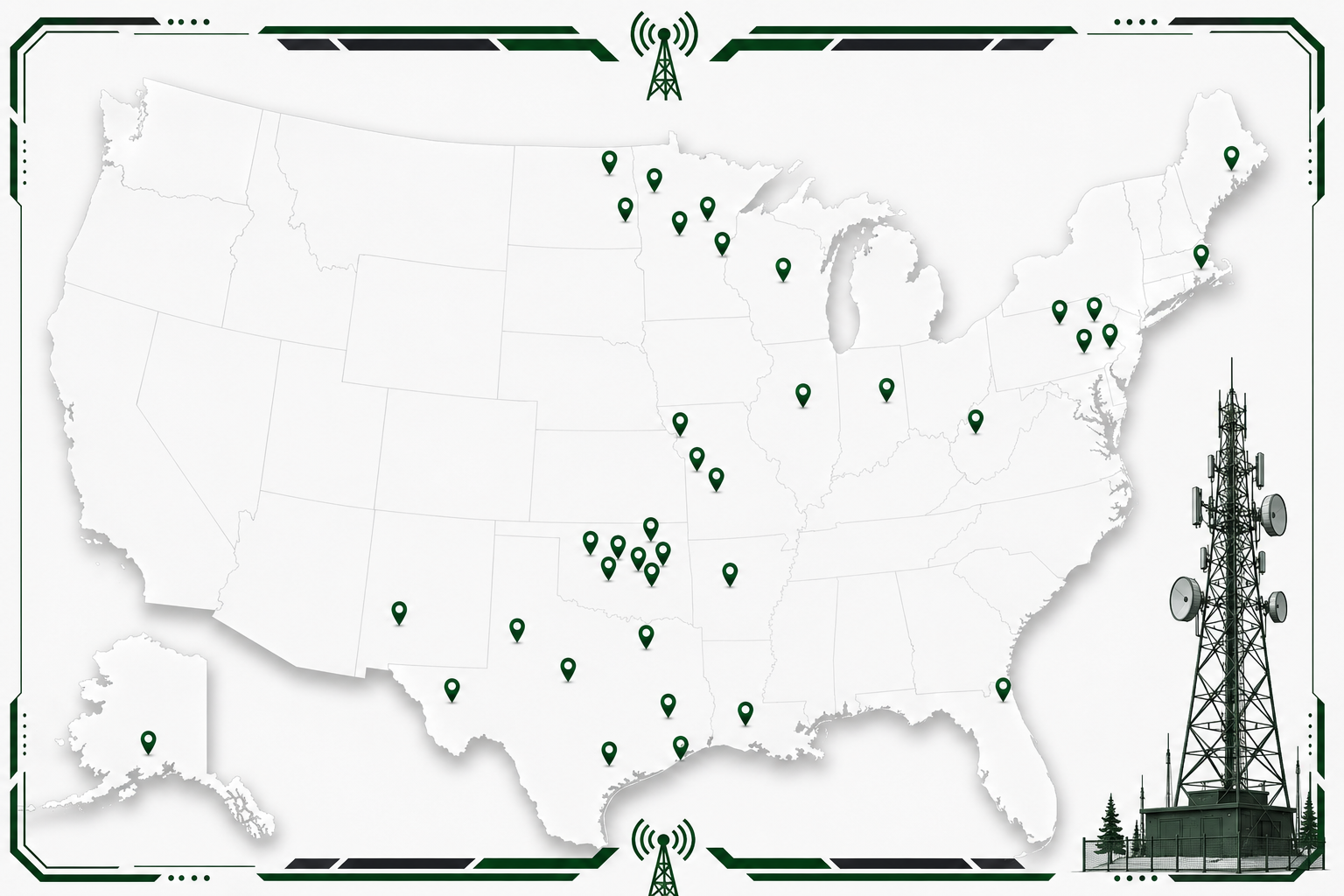 Green Country Tower Service LLC nationwide commercial project footprint map highlighting critical infrastructure builds and communication tower installations across the United States.