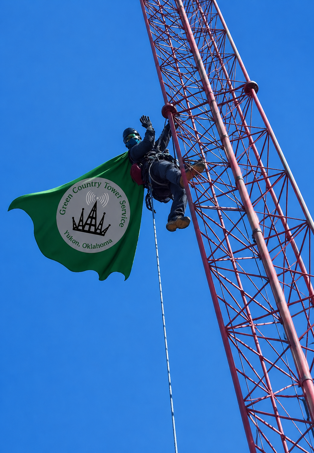 Super Cory reporting for tower duty, supporting critical communications infrastructure one tower at a time. High-elevation structural modifications, tower maintenance, and emergency response services by Green Country Tower Service.