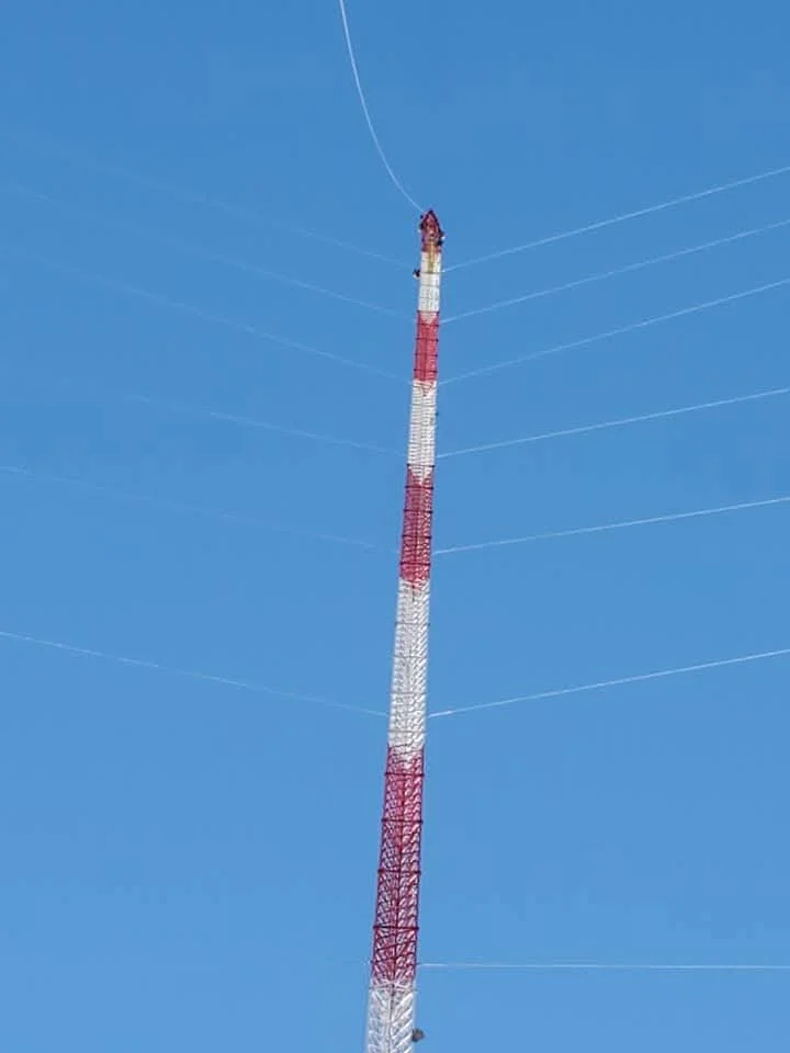 Massive guyed broadcast tower supporting critical communications infrastructure. Routine safety inspections, structural assessments, and guy wire maintenance performed by Green Country Tower Service.