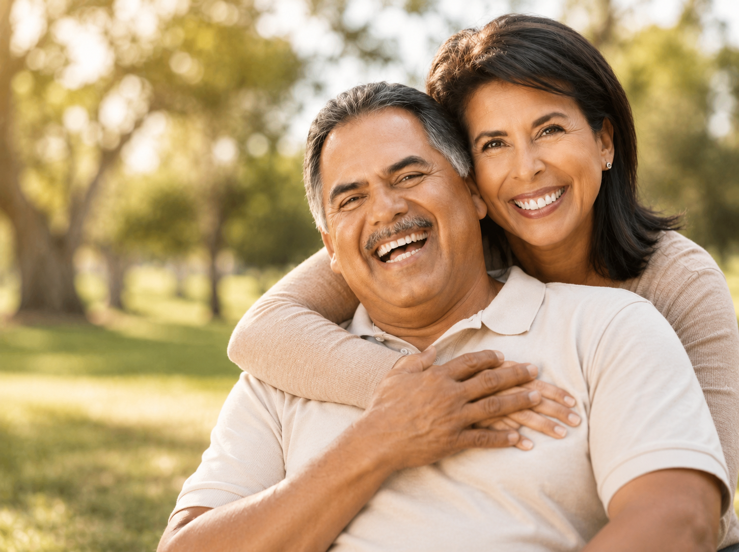 A happy middle-aged couple outdoors in a park, smiling and embracing on a sunny day.