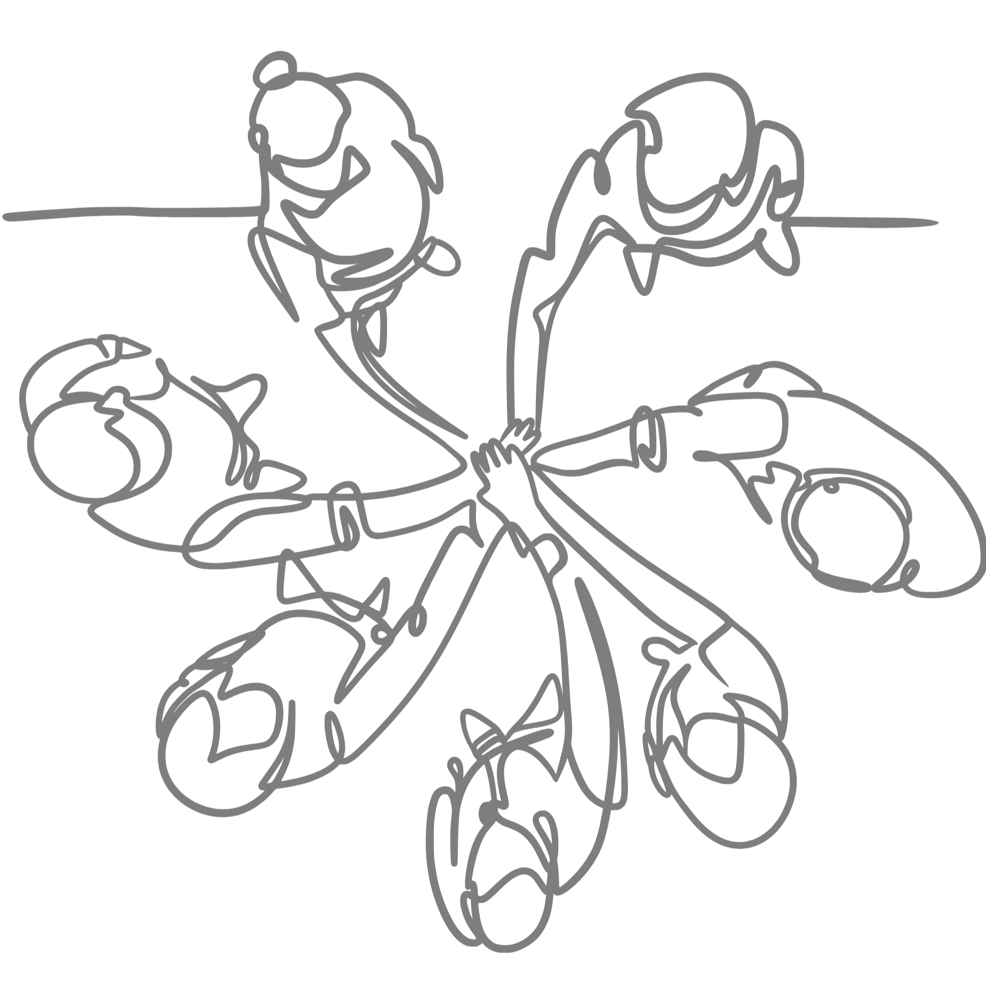 Line drawing of a people in a group or workshop putting their hands together from a birdseye view.