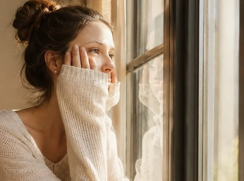 A young woman with brown hair in a bun gazing out a window with her hands resting on her cheeks, wearing a cream-colored knit sweater.