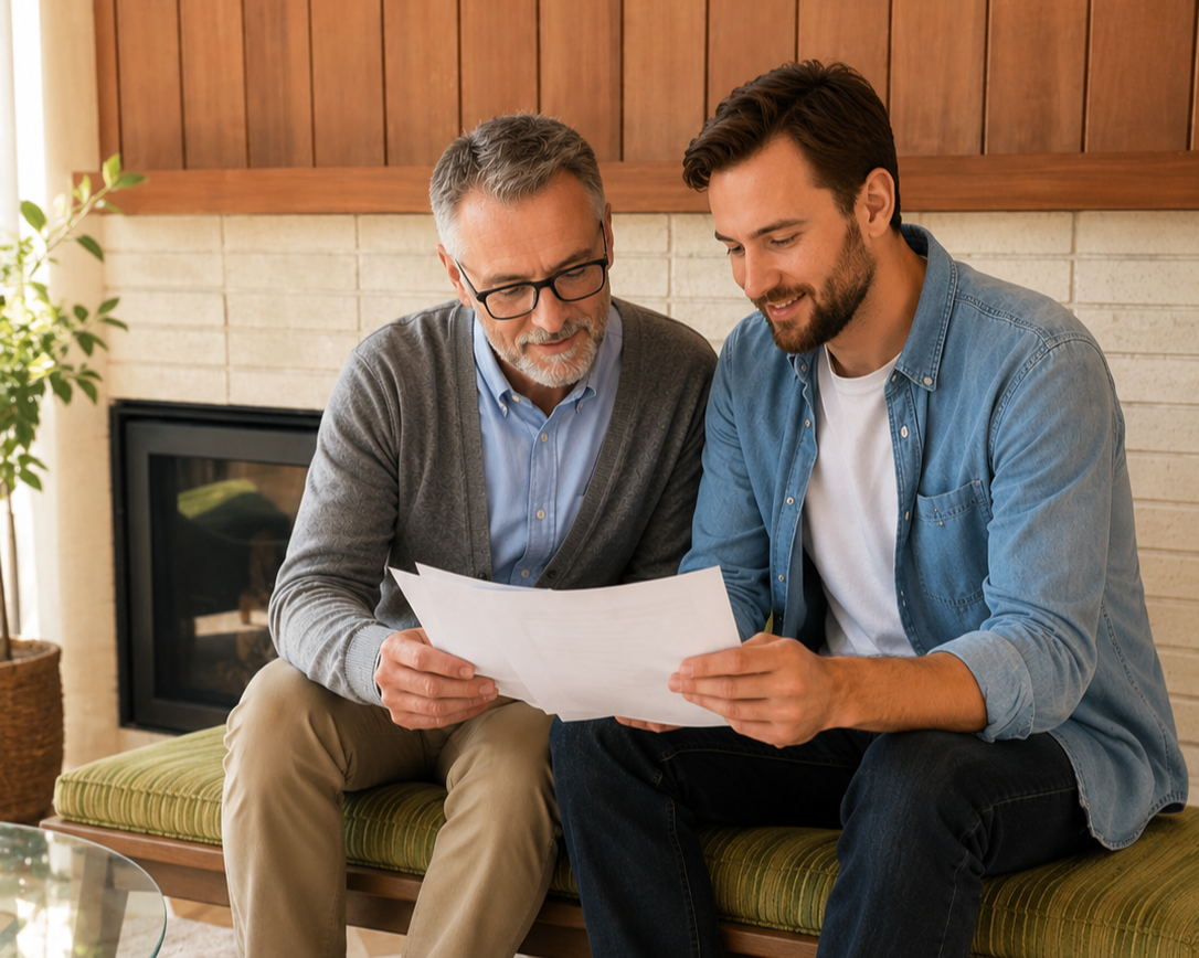 Two men, one older with gray hair and glasses, and one younger with dark hair and a beard, sitting on a green cushioned bench in front of a fireplace, reviewing succession papers together.