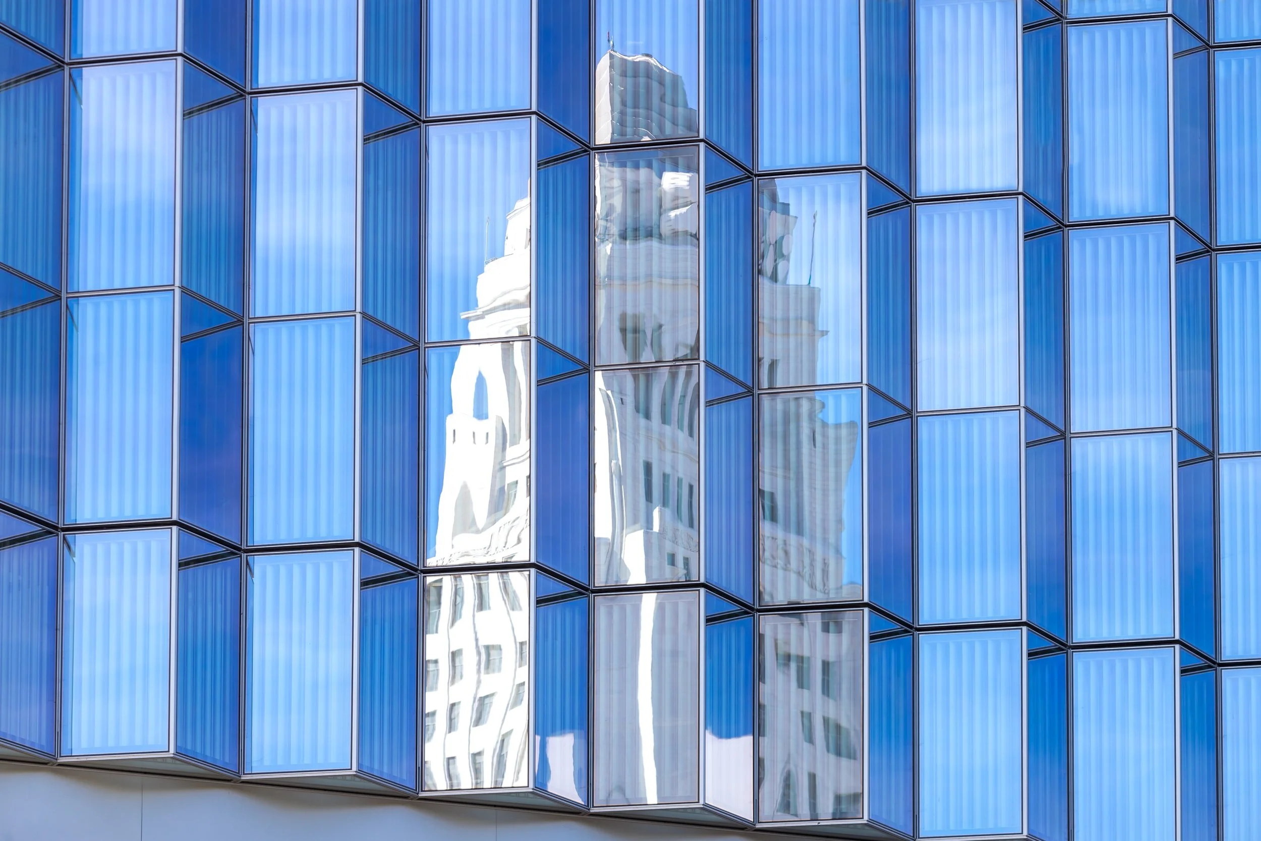 LA City Hall reflected in the glass facade of the SOM United States Courthouse — Glass Memory Series, Downtown Los Angeles