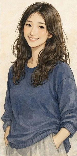 A young woman with long, wavy dark hair, smiling, wearing a blue sweater and grey pants, standing against a plain background.