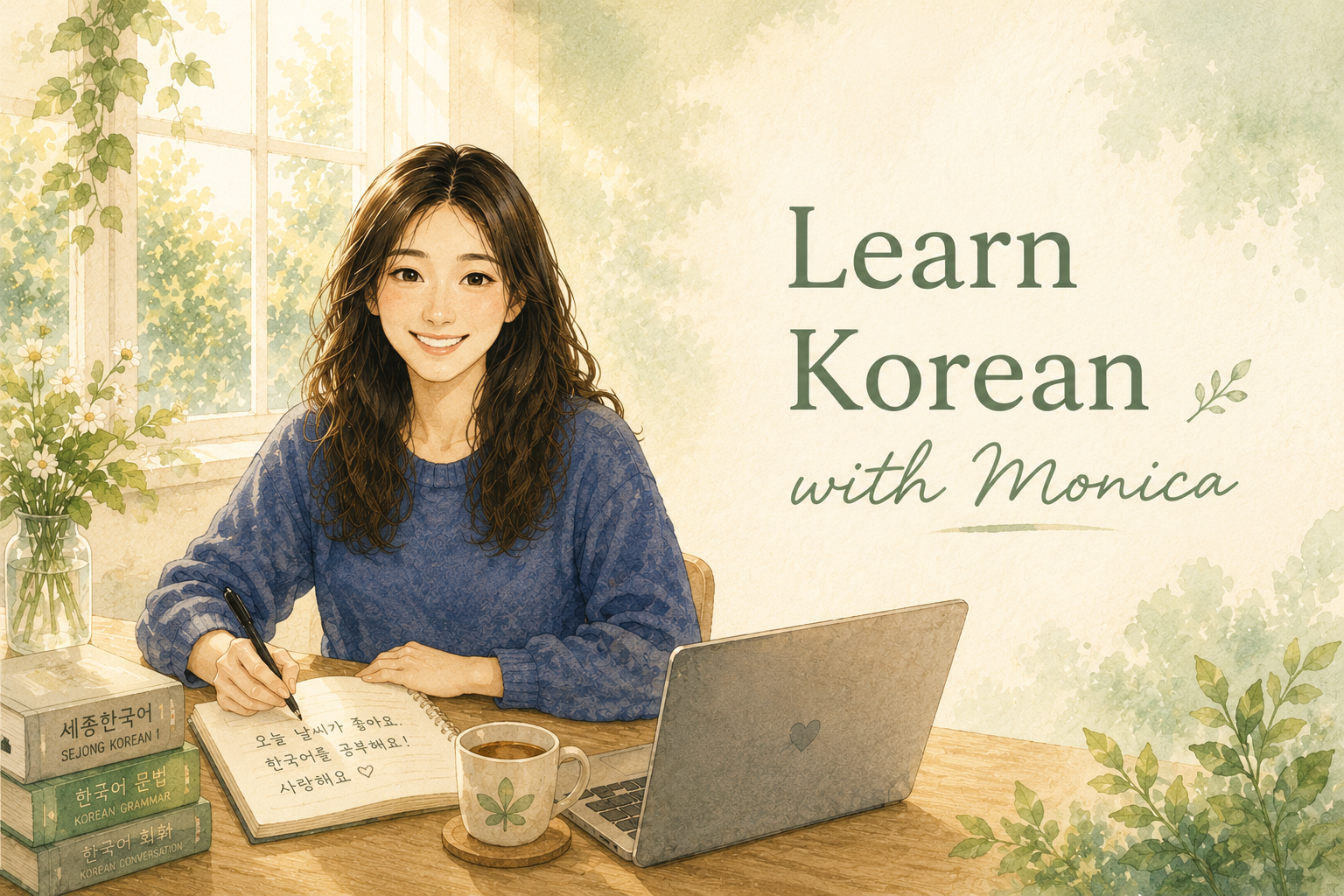 Illustration of a woman with long wavy hair sitting at a wooden desk next to a laptop, books, a notebook, a cup of coffee, and flowers in a vase, with a window in the background and the text "Learn Korean with Monica."