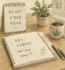 A desk with a small potted plant, a coffee mug with a butterfly design, an open notebook with a handwritten message in English and Korean, and two pens.