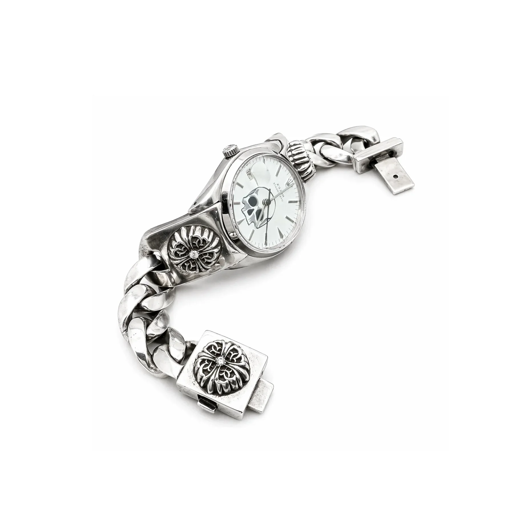 chrome-hearts-rolex-skull-white-dial-floral-cross-diamond-watch-strap-2 Ali Diamond.webp